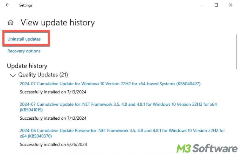 uninstall updates in Windows 10