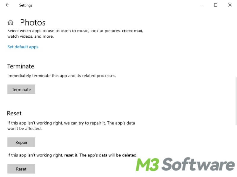 repair Photos app in Settings Windows 10