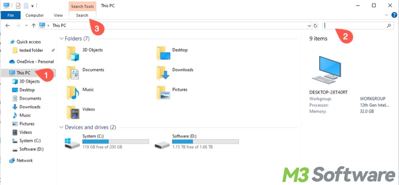 find big files on Windows 10 via File Explorer search bar