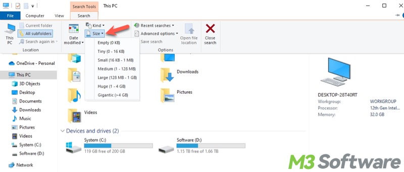 find big files on Windows 10 via File Explorer search bar and search tab