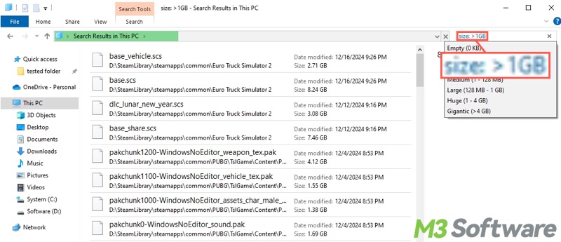 find big files on Windows 10 by typing file size range in File Explorer search bar