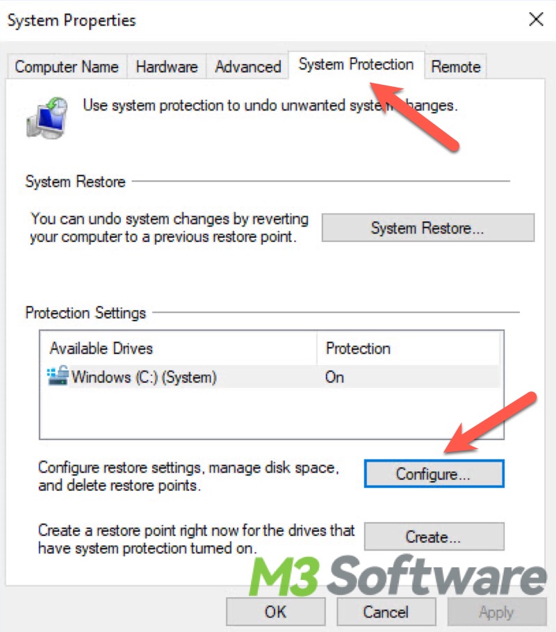 configure system restore settings Windows 10