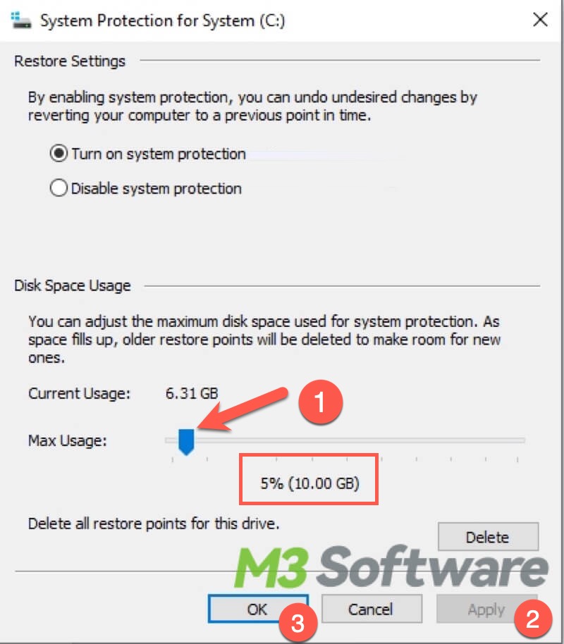 configure System Restore settings Windows 10