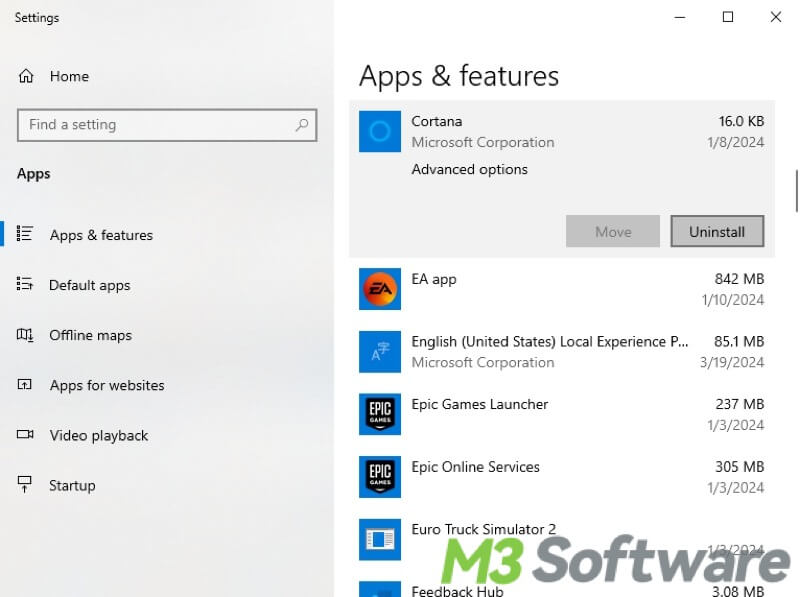 uninstall apps in Apps and Features Windows 10