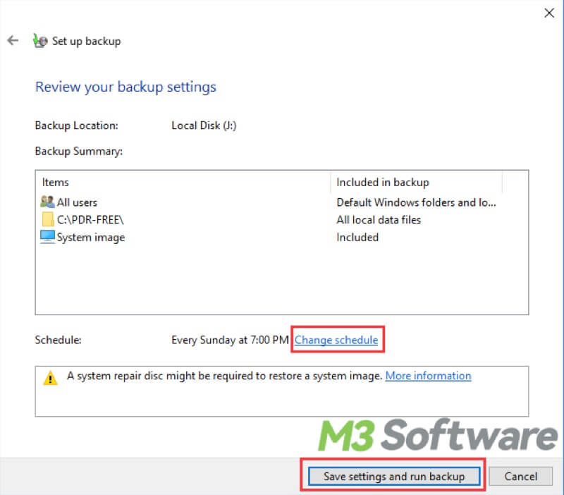 review backup settings in Backup and Restore Windows 7