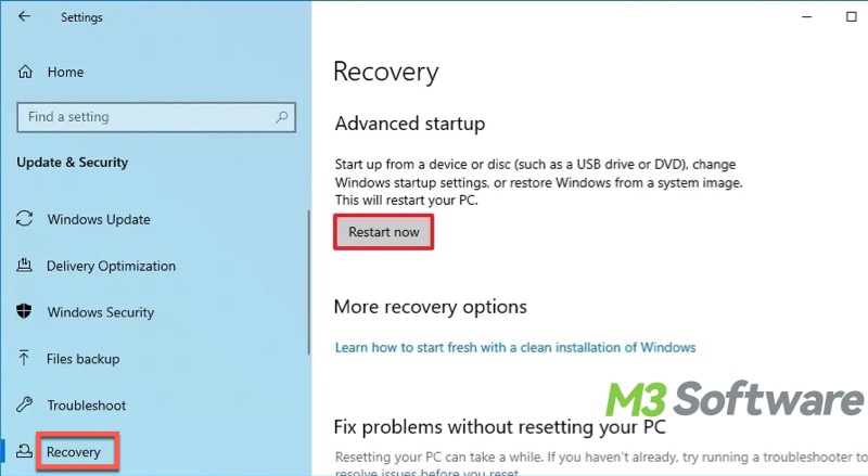 restart now option under advanced startup