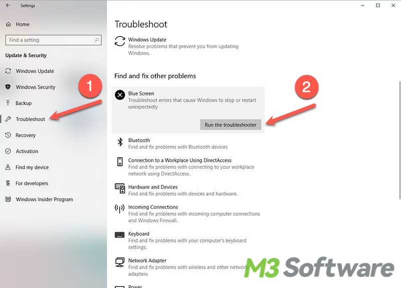 run blue screen of death troubleshooter in Windows Settings