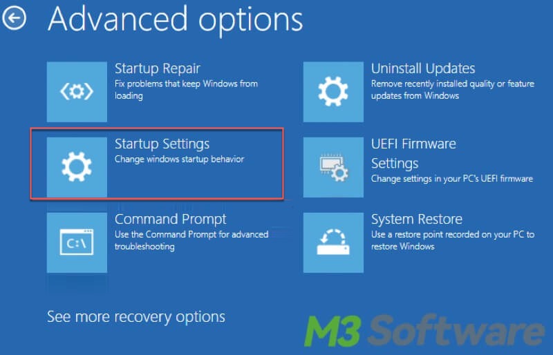 startup settings in advanced options