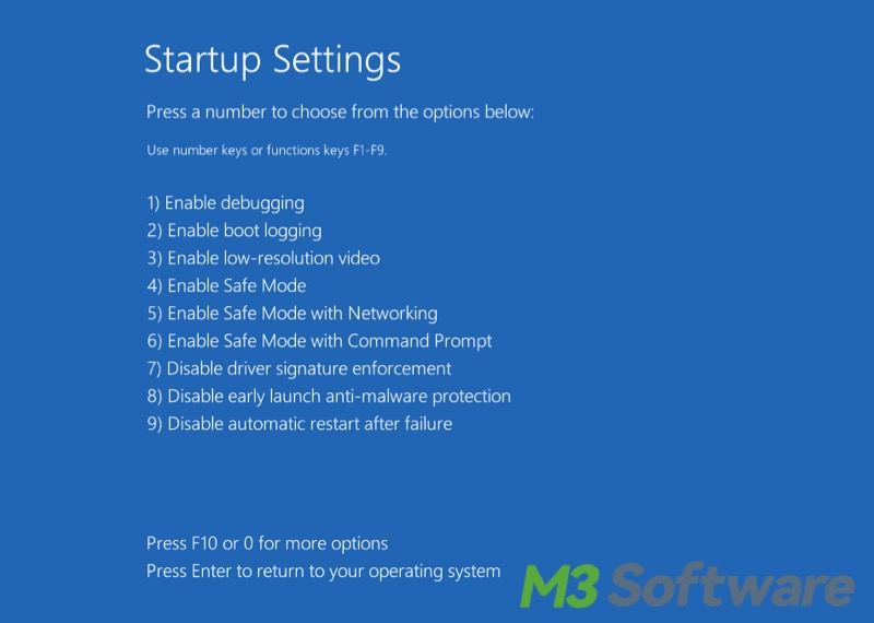 startup settings list on Windows