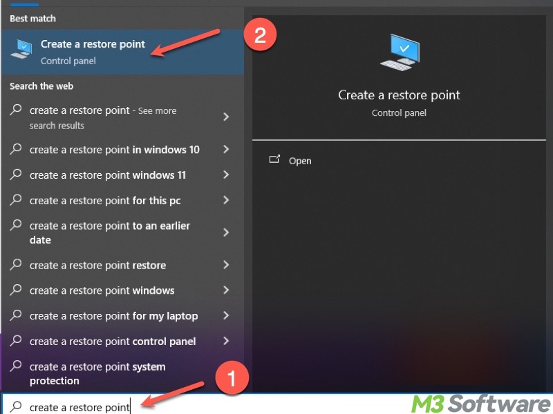 create a restore points in search bar