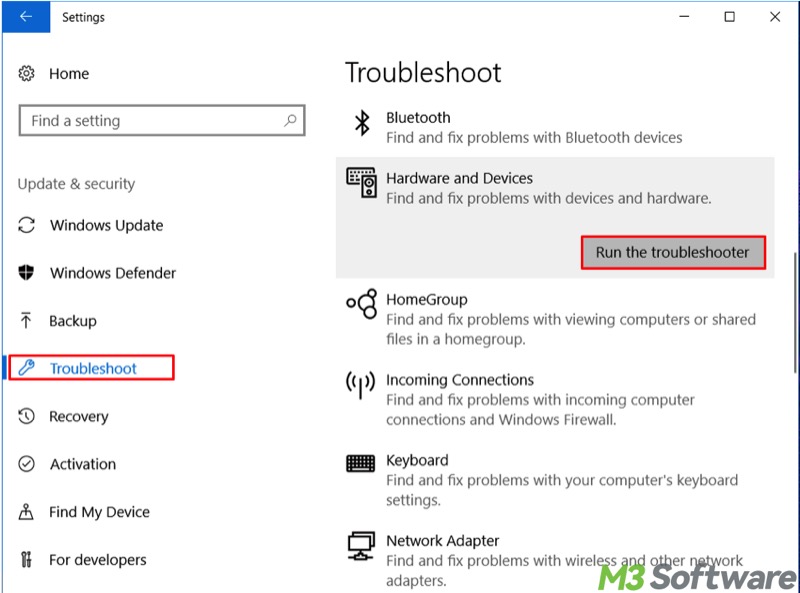 hardware and devices troubleshooter on Windows