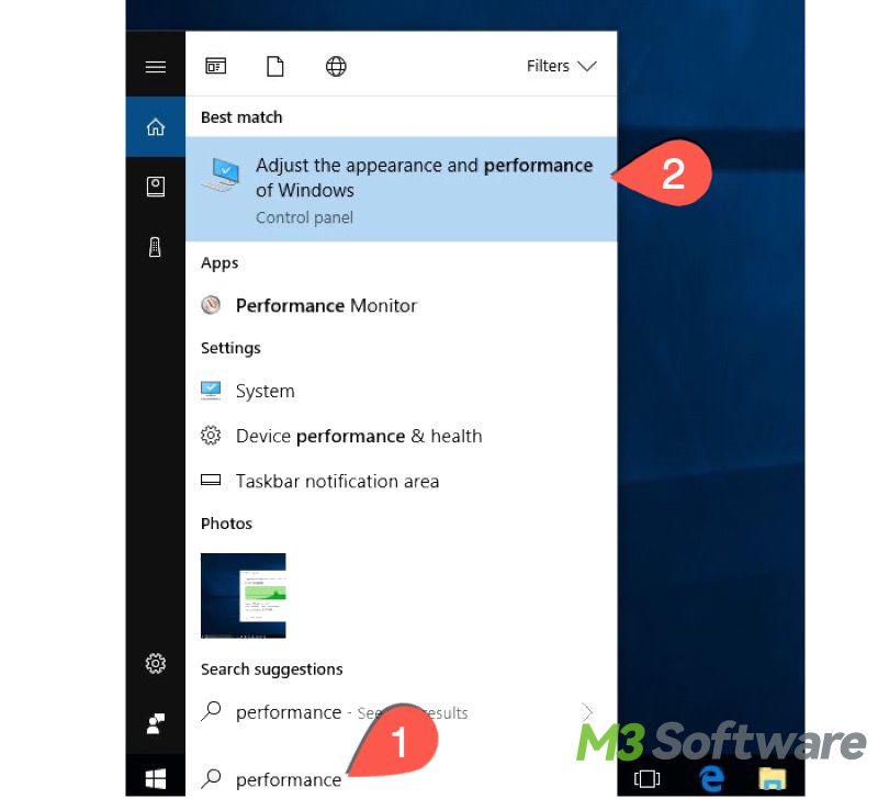 adjust the appearance and performance Windows 10