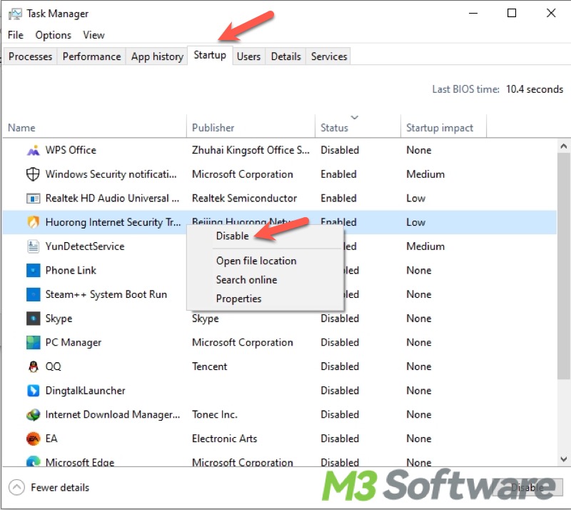 disable startup options in Task Manager