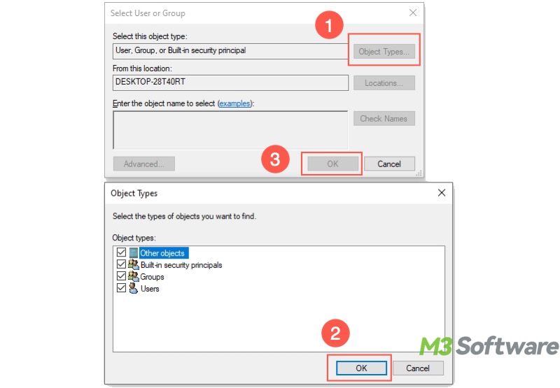 change ownership of folder select object types