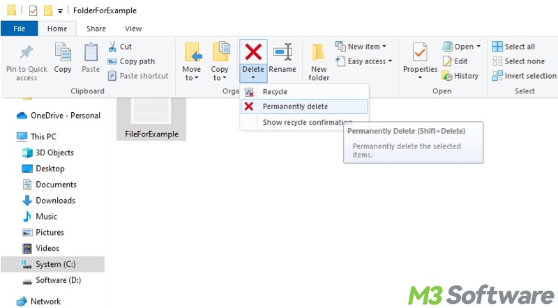 permanently delete files using File Explorer Ribbon