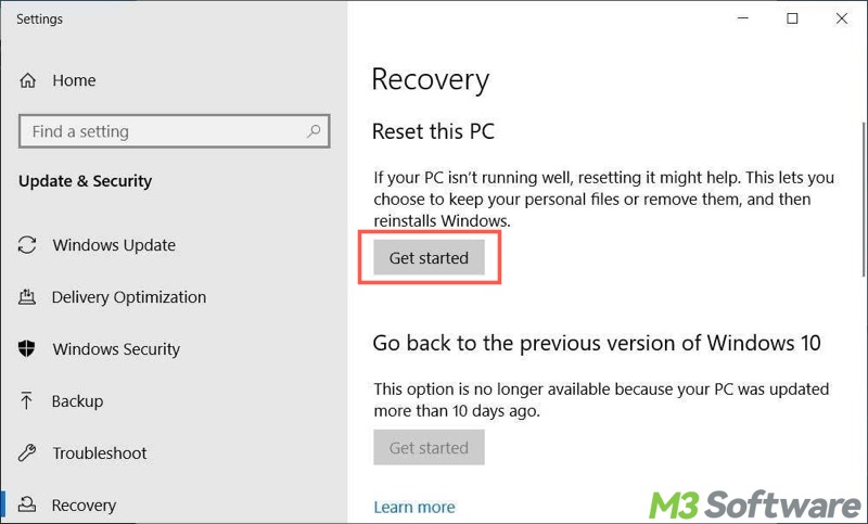 Reset this PC get started in Windows Settings