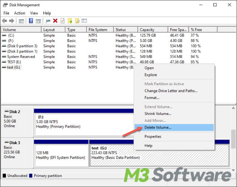 delete partition via Disk Management on Windows 11