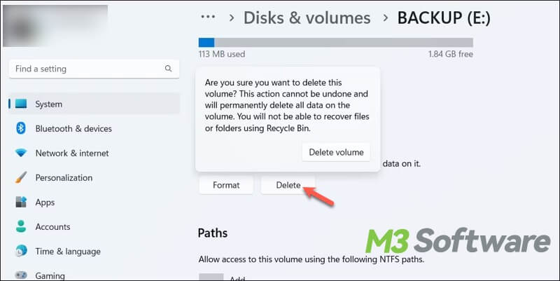 delete partition via Settings on Windows 11