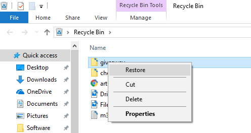 Restore files in Windows Recycle Bin 