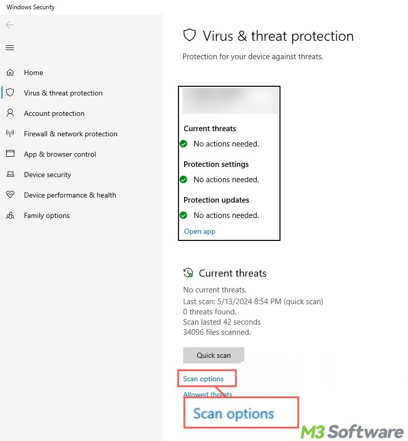 virus scan options in Settings