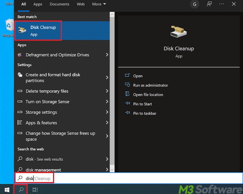 Disk Cleanup in Windows search box