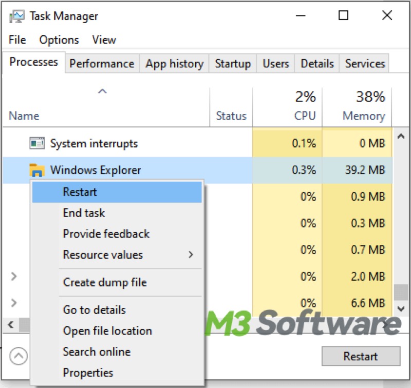 restart Windows Explorer in Task Manager