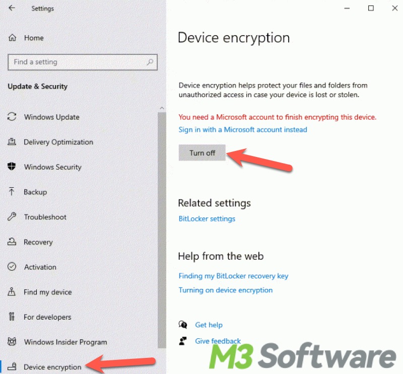 turn off Device Encryption on Windows 10