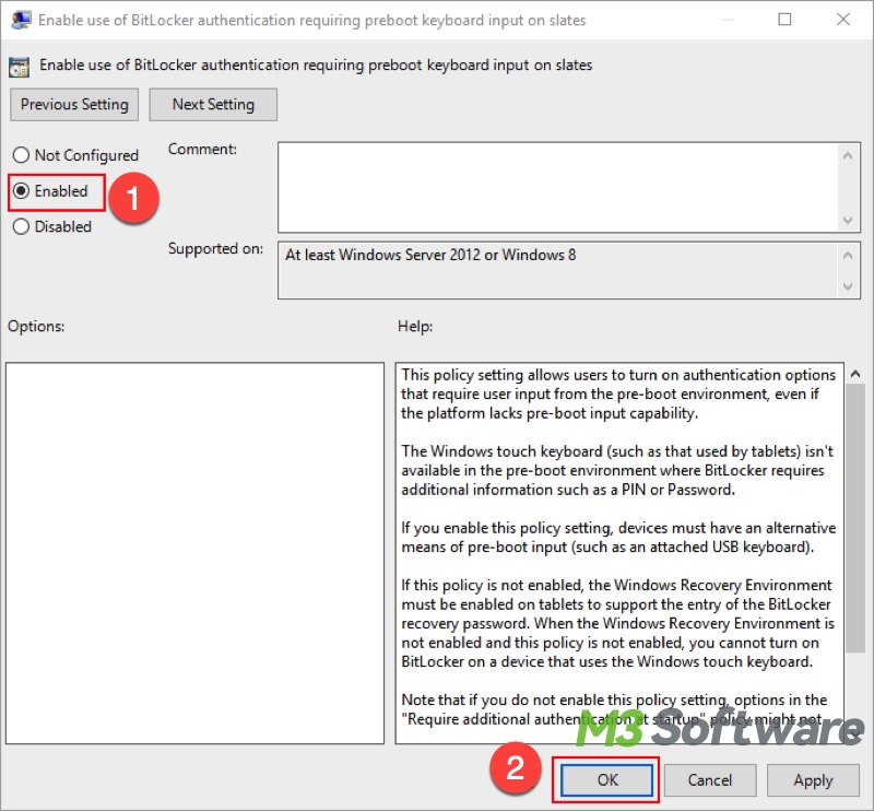 enable use of BitLocker authentication requiring preboot keyboard input on slates