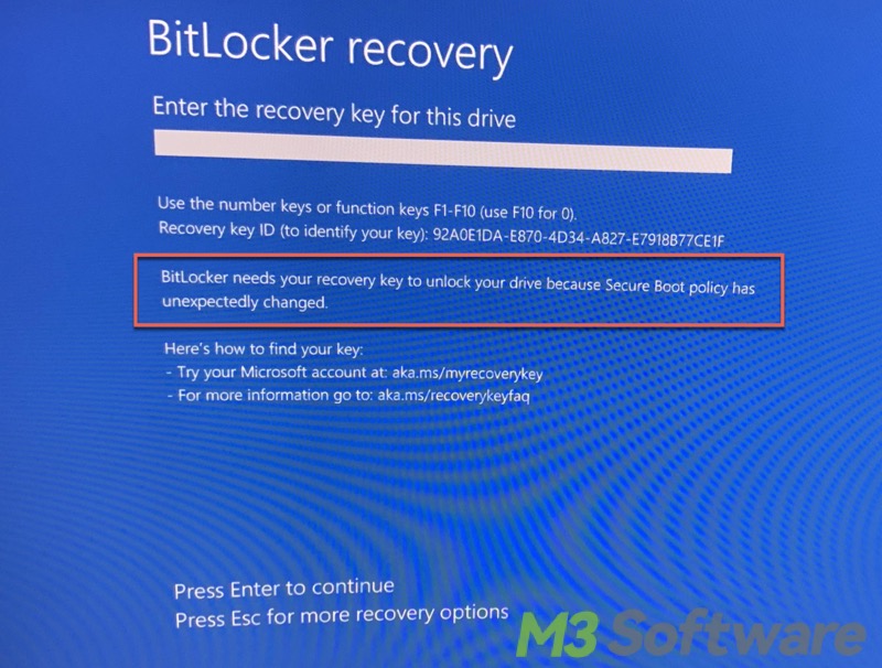 BitLocker needs your recovery key secure boot