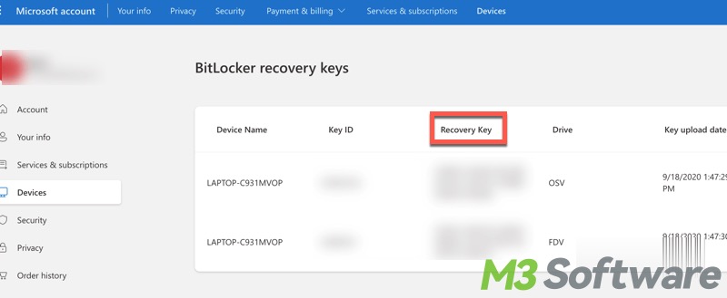 BitLocker recovery keys in Microsoft account