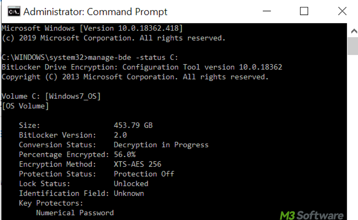 Check BitLocker status via Command Prompt