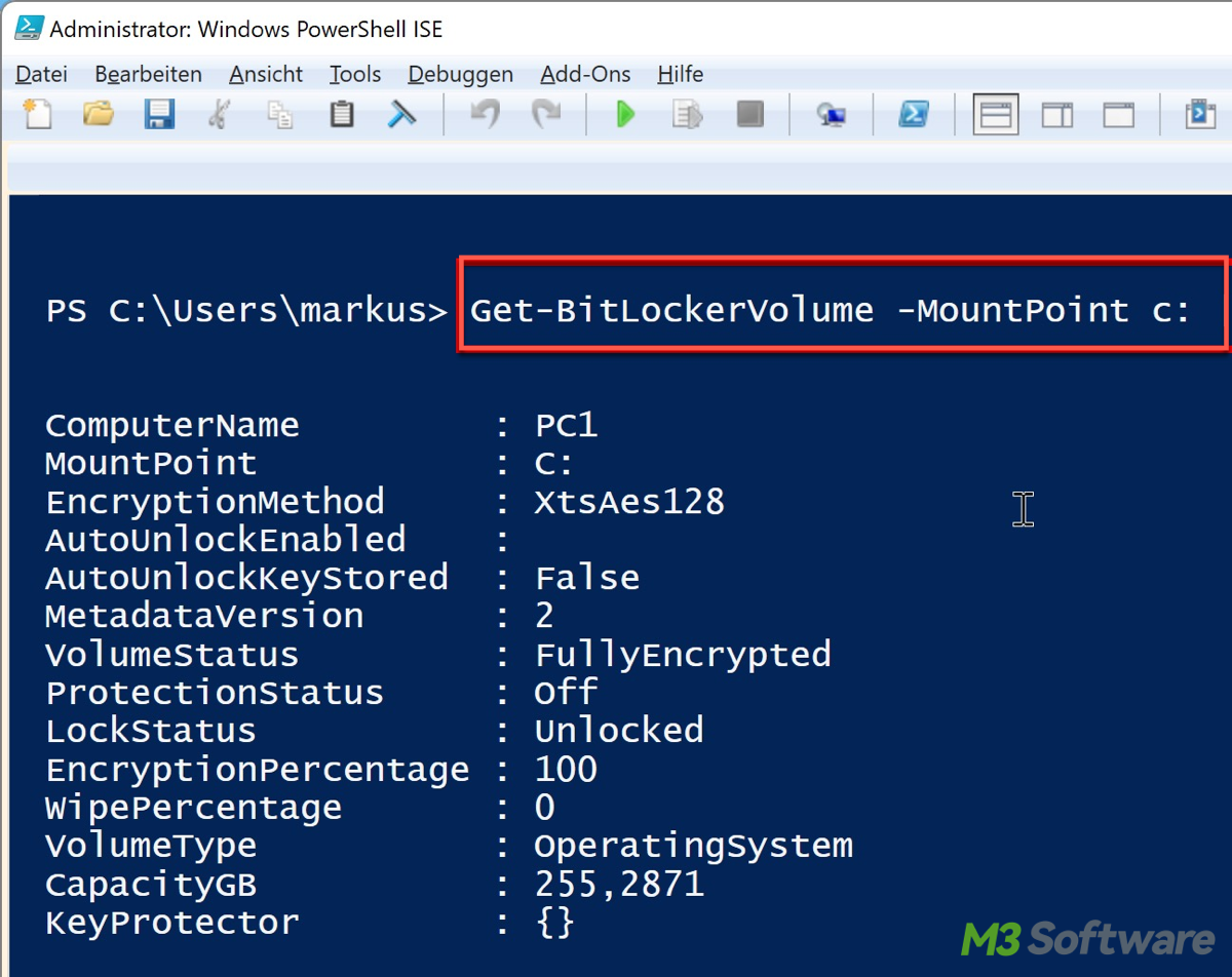 Check BitLocker status of specific drive in PowerShell