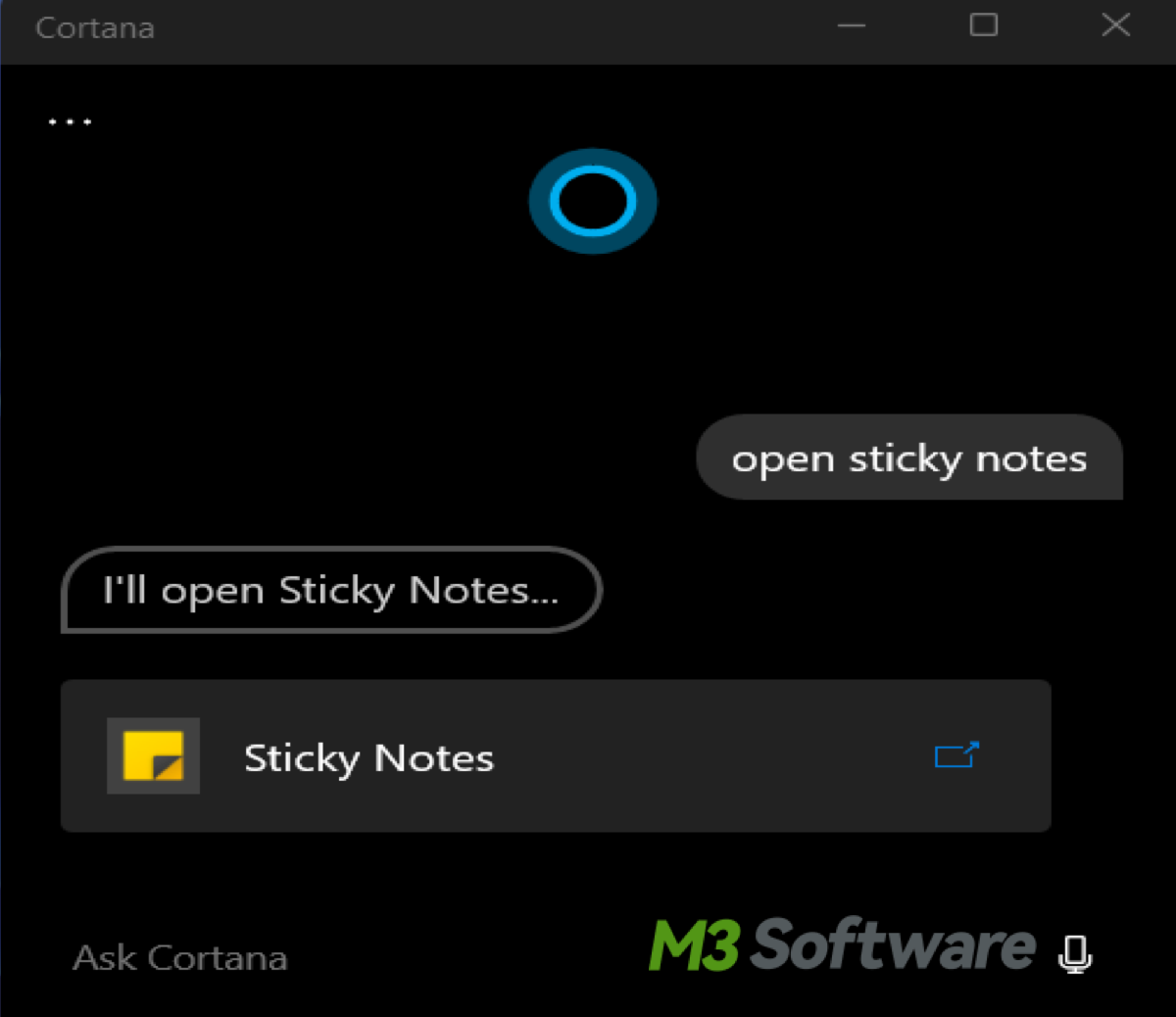 Ask Cortana to open Sticky Notes