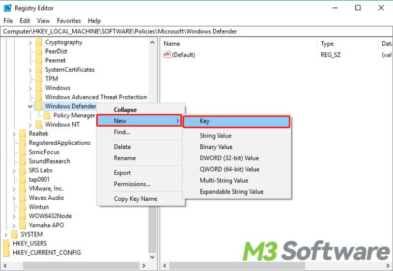 create new key in Windows Defender folder in Windows Registry Editor