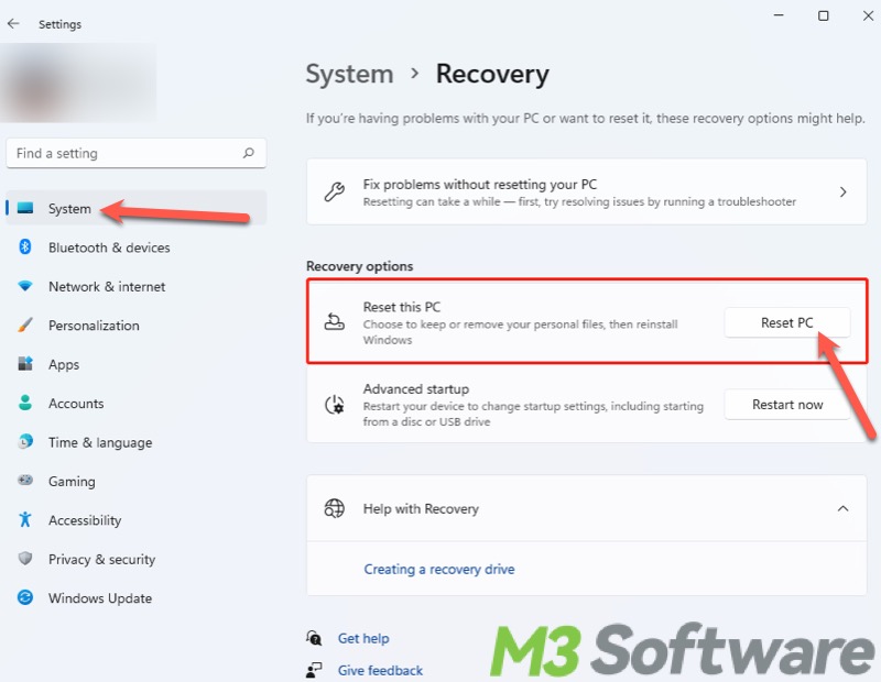 factory reset Windows 11 from Settings