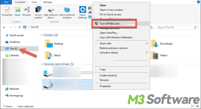 right click on BitLocker drive in File Explorer to turn off BitLocker