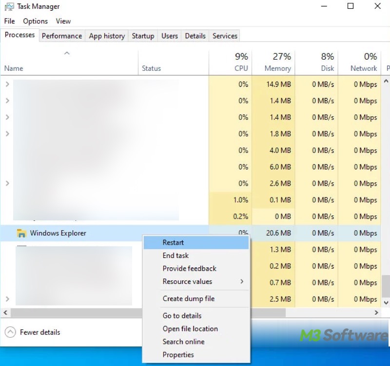 restart Windows Explorer in Task Manager