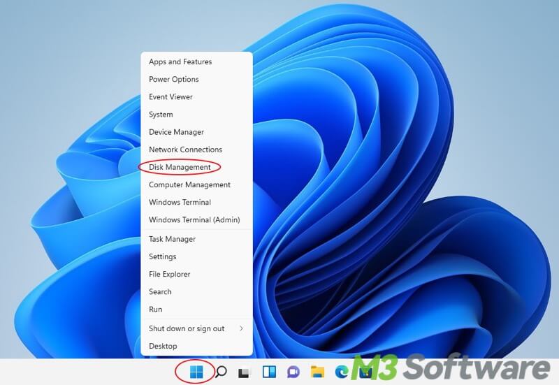 right click Start button to open Disk Management Win 11