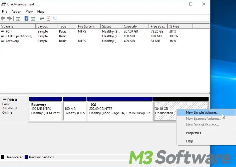 create new partition in Disk Management on Windows 10