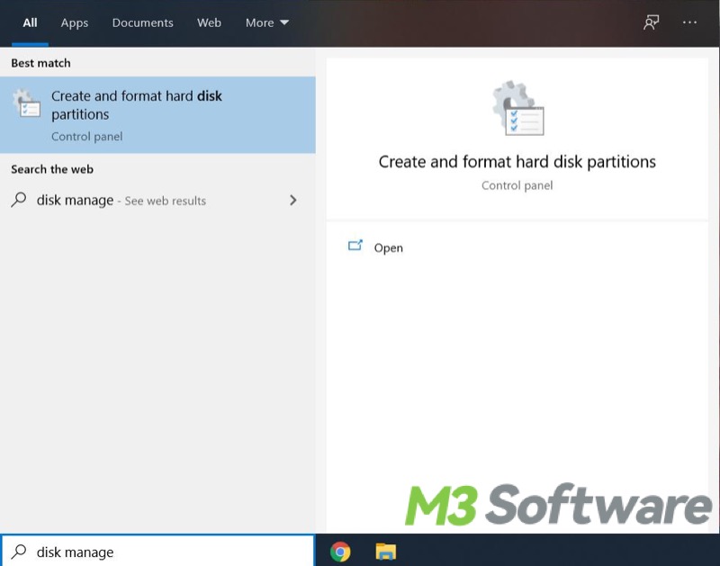 open Disk Management from Windows 10 search bar