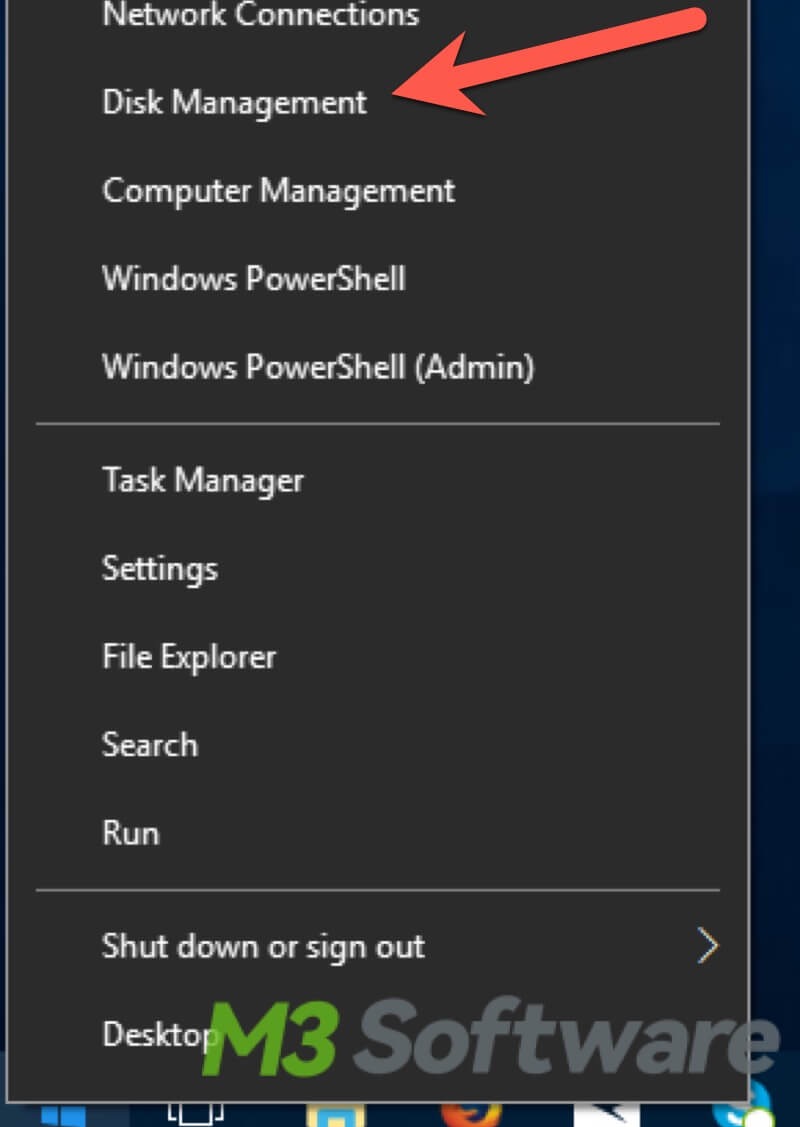open Disk Management on Windows 10 by right clicking Start button