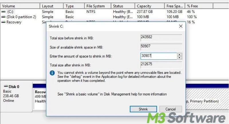 shrink volume in Disk Management on Windows 10