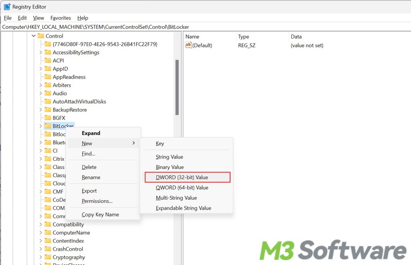 new DWORD 32 bit value BitLocker Registry Editor