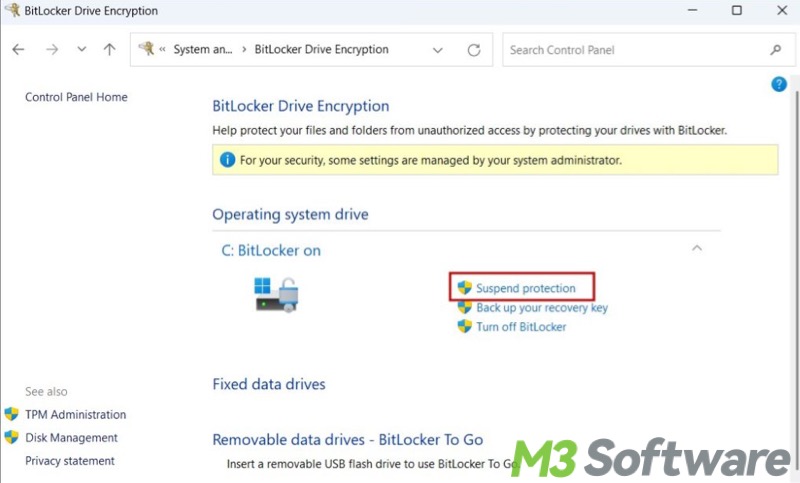 suspend BitLocker via Control Panel