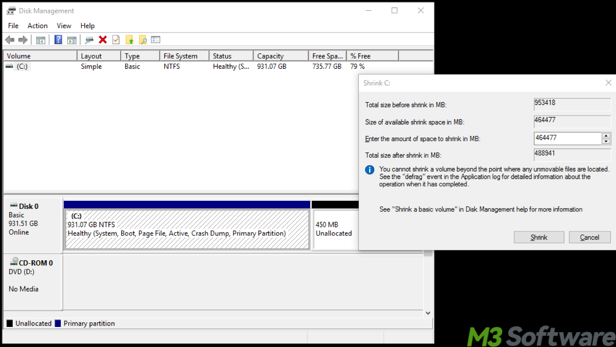 Shrink volume in Disk Management