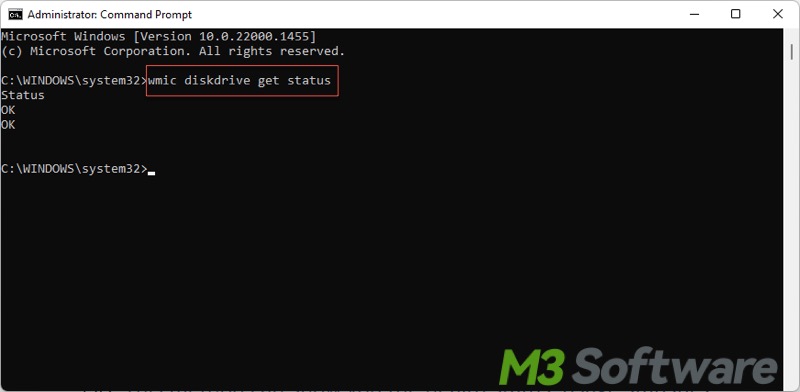 wmic diskdrive get status in Windows Command Prompt