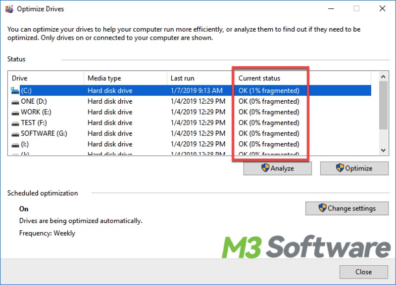 check SSD status in defragment and optimize drives