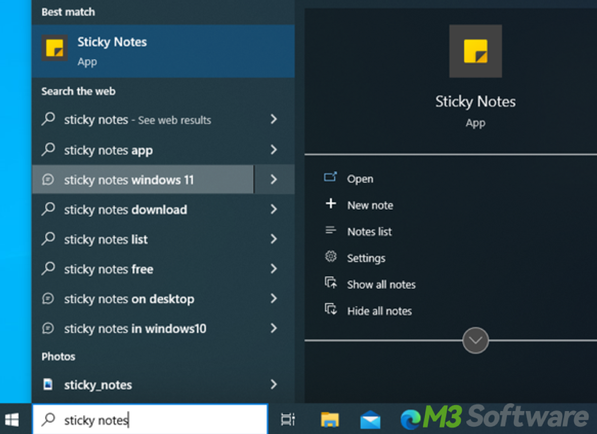 Using the start menu to open Sticky Notes