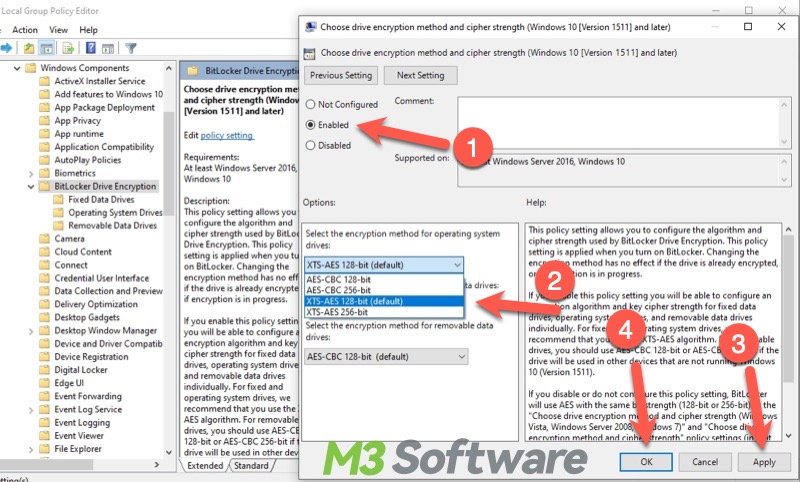 choose drive encryption method and cipher strength in group policy