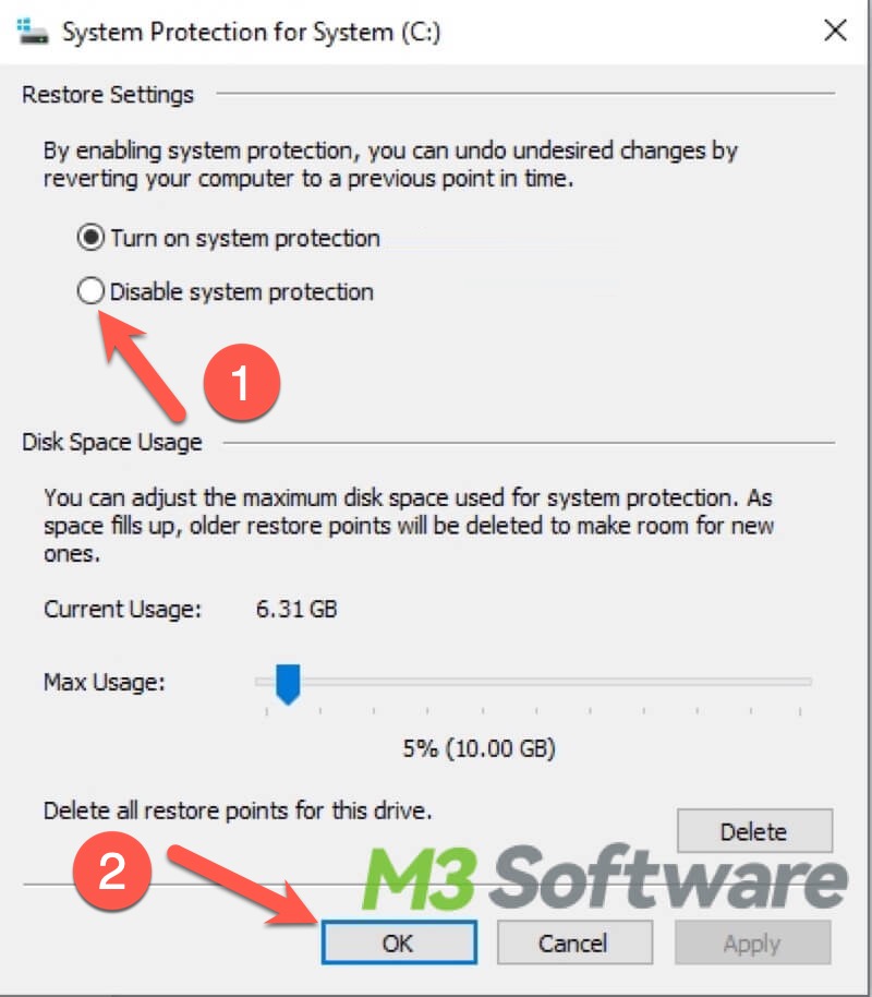 disable System Restore on Windows